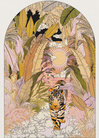 A stylized illustration within an arched frame showing a tiger emerging from a dense, colorful jungle. The foliage is rendered in shades of pink, yellow, orange, and green. In the background, a radiant sun is setting or rising, and the tiger is walking towards the viewer on a bed of white clouds. Print