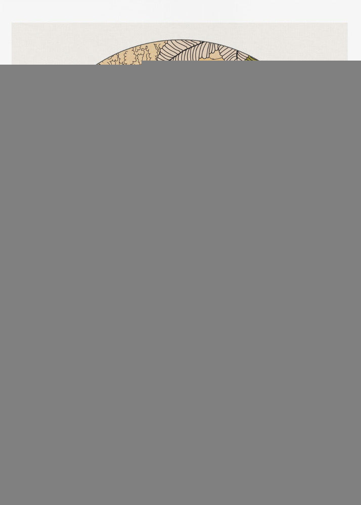 A stylized illustration within an arched frame showing a tiger emerging from a dense, colorful jungle. The foliage is rendered in shades of pink, yellow, orange, and green. In the background, a radiant sun is setting or rising, and the tiger is walking towards the viewer on a bed of white clouds. Print