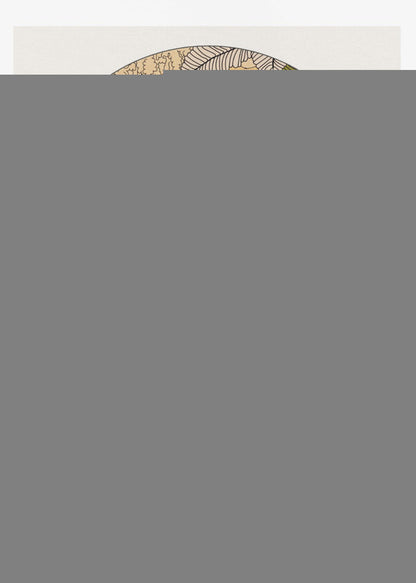 A stylized illustration within an arched frame showing a tiger emerging from a dense, colorful jungle. The foliage is rendered in shades of pink, yellow, orange, and green. In the background, a radiant sun is setting or rising, and the tiger is walking towards the viewer on a bed of white clouds. Print