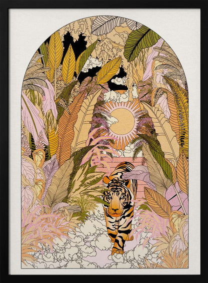A stylized illustration within an arched frame showing a tiger emerging from a dense, colorful jungle. The foliage is rendered in shades of pink, yellow, orange, and green. In the background, a radiant sun is setting or rising, and the tiger is walking towards the viewer on a bed of white clouds. Print