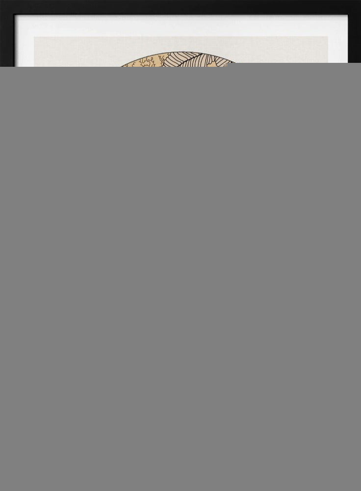 A stylized illustration within an arched frame showing a tiger emerging from a dense, colorful jungle. The foliage is rendered in shades of pink, yellow, orange, and green. In the background, a radiant sun is setting or rising, and the tiger is walking towards the viewer on a bed of white clouds. Print