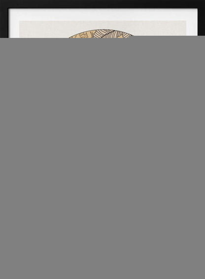 A stylized illustration within an arched frame showing a tiger emerging from a dense, colorful jungle. The foliage is rendered in shades of pink, yellow, orange, and green. In the background, a radiant sun is setting or rising, and the tiger is walking towards the viewer on a bed of white clouds. Print