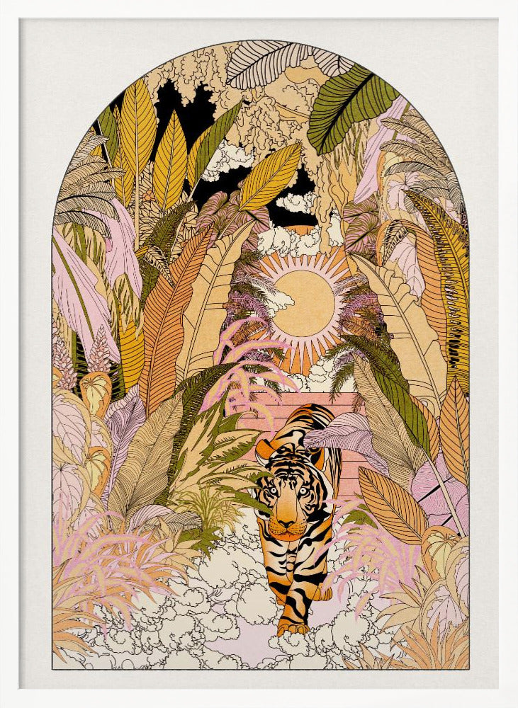 A stylized illustration within an arched frame showing a tiger emerging from a dense, colorful jungle. The foliage is rendered in shades of pink, yellow, orange, and green. In the background, a radiant sun is setting or rising, and the tiger is walking towards the viewer on a bed of white clouds. Print