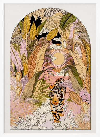 A stylized illustration within an arched frame showing a tiger emerging from a dense, colorful jungle. The foliage is rendered in shades of pink, yellow, orange, and green. In the background, a radiant sun is setting or rising, and the tiger is walking towards the viewer on a bed of white clouds. Print