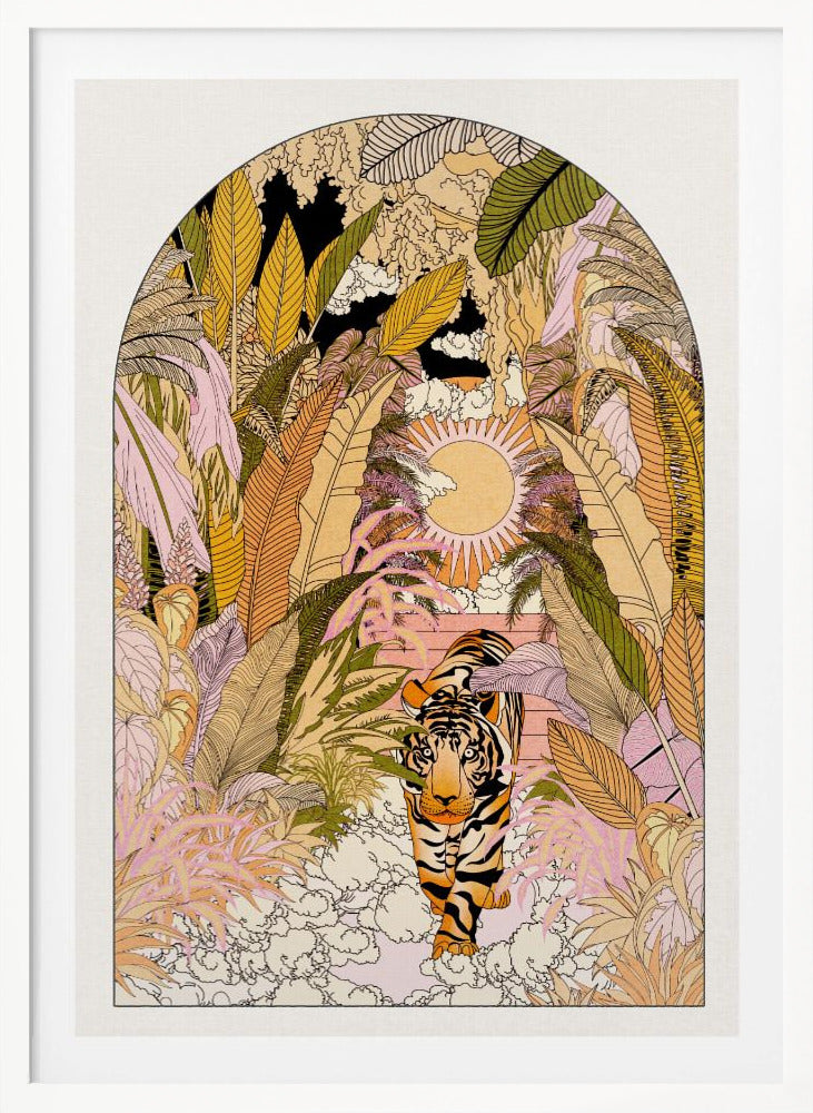 A stylized illustration within an arched frame showing a tiger emerging from a dense, colorful jungle. The foliage is rendered in shades of pink, yellow, orange, and green. In the background, a radiant sun is setting or rising, and the tiger is walking towards the viewer on a bed of white clouds. Print