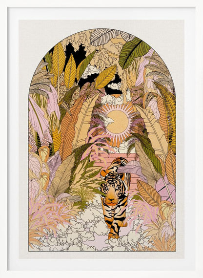 A stylized illustration within an arched frame showing a tiger emerging from a dense, colorful jungle. The foliage is rendered in shades of pink, yellow, orange, and green. In the background, a radiant sun is setting or rising, and the tiger is walking towards the viewer on a bed of white clouds. Print