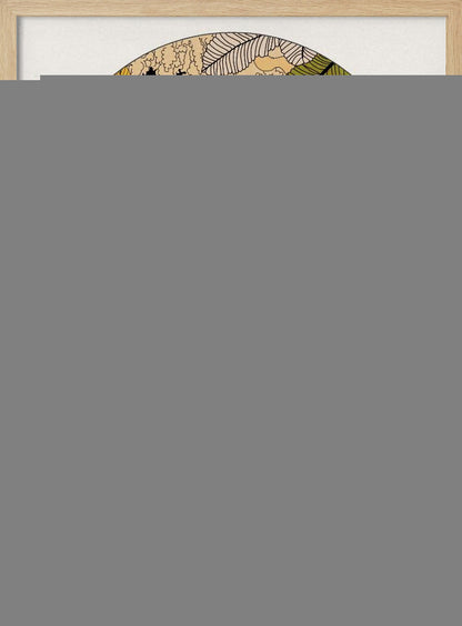 A stylized illustration within an arched frame showing a tiger emerging from a dense, colorful jungle. The foliage is rendered in shades of pink, yellow, orange, and green. In the background, a radiant sun is setting or rising, and the tiger is walking towards the viewer on a bed of white clouds. Print