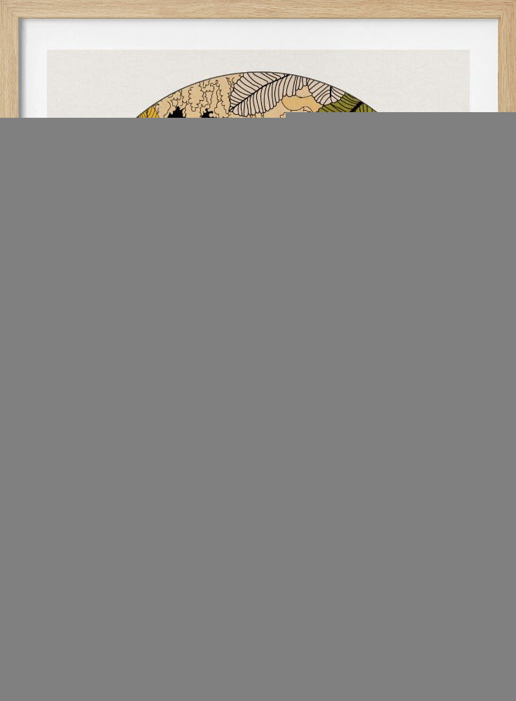 A stylized illustration within an arched frame showing a tiger emerging from a dense, colorful jungle. The foliage is rendered in shades of pink, yellow, orange, and green. In the background, a radiant sun is setting or rising, and the tiger is walking towards the viewer on a bed of white clouds. Print