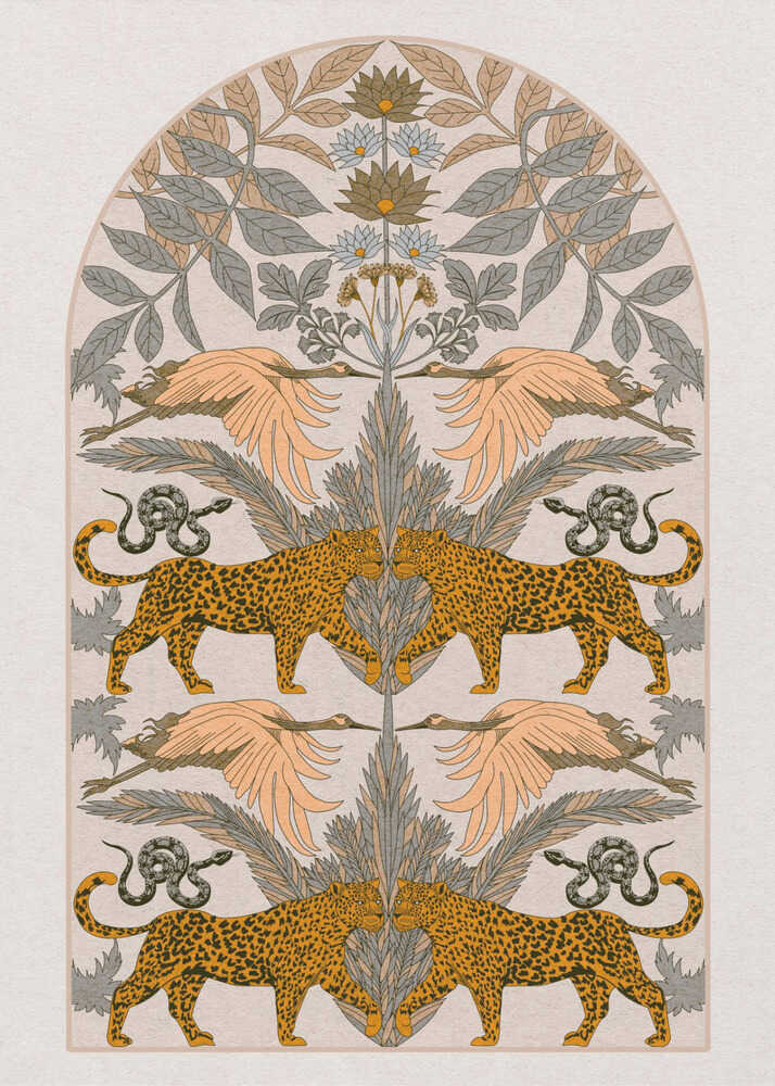A vintage-style symmetrical illustration within a black frame, featuring mirrored pairs of leopards, snakes, and birds arranged vertically amidst stylized foliage and flowers, rendered in a muted palette of orange, sage green, and cream. Print