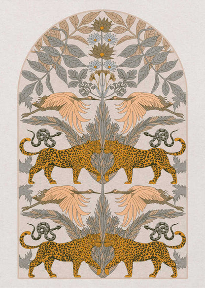 A vintage-style symmetrical illustration within a black frame, featuring mirrored pairs of leopards, snakes, and birds arranged vertically amidst stylized foliage and flowers, rendered in a muted palette of orange, sage green, and cream. Print