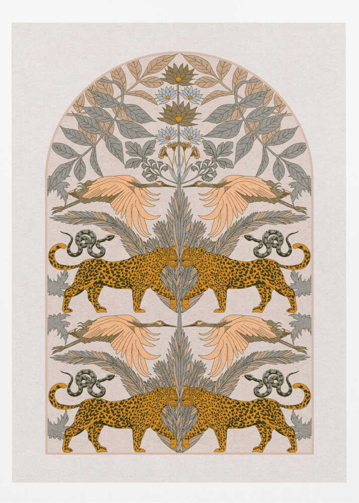 A vintage-style symmetrical illustration within a black frame, featuring mirrored pairs of leopards, snakes, and birds arranged vertically amidst stylized foliage and flowers, rendered in a muted palette of orange, sage green, and cream. Print