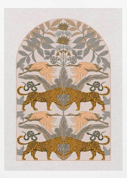 A vintage-style symmetrical illustration within a black frame, featuring mirrored pairs of leopards, snakes, and birds arranged vertically amidst stylized foliage and flowers, rendered in a muted palette of orange, sage green, and cream. Print
