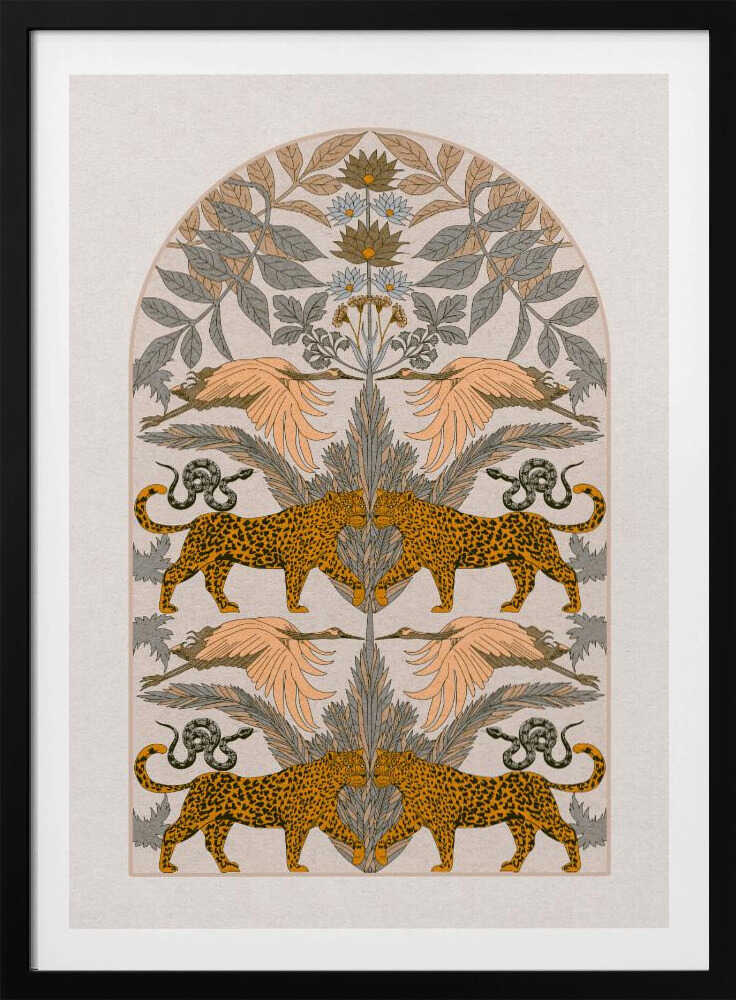 A vintage-style symmetrical illustration within a black frame, featuring mirrored pairs of leopards, snakes, and birds arranged vertically amidst stylized foliage and flowers, rendered in a muted palette of orange, sage green, and cream. Print