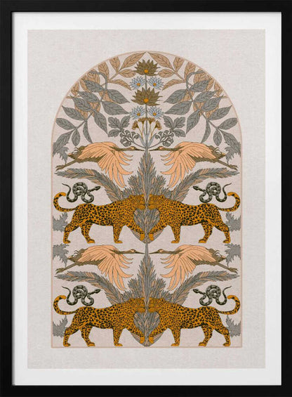 A vintage-style symmetrical illustration within a black frame, featuring mirrored pairs of leopards, snakes, and birds arranged vertically amidst stylized foliage and flowers, rendered in a muted palette of orange, sage green, and cream. Print