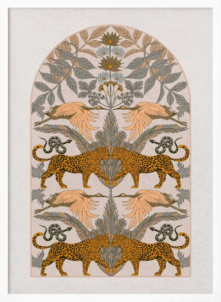 A vintage-style symmetrical illustration within a black frame, featuring mirrored pairs of leopards, snakes, and birds arranged vertically amidst stylized foliage and flowers, rendered in a muted palette of orange, sage green, and cream. Print