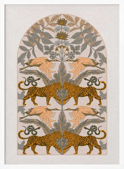 A vintage-style symmetrical illustration within a black frame, featuring mirrored pairs of leopards, snakes, and birds arranged vertically amidst stylized foliage and flowers, rendered in a muted palette of orange, sage green, and cream. Print