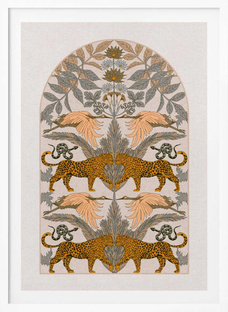 A vintage-style symmetrical illustration within a black frame, featuring mirrored pairs of leopards, snakes, and birds arranged vertically amidst stylized foliage and flowers, rendered in a muted palette of orange, sage green, and cream. Print