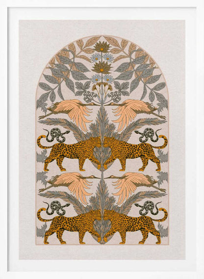 A vintage-style symmetrical illustration within a black frame, featuring mirrored pairs of leopards, snakes, and birds arranged vertically amidst stylized foliage and flowers, rendered in a muted palette of orange, sage green, and cream. Print
