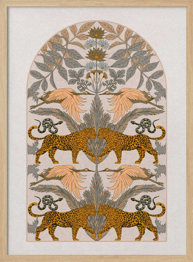 A vintage-style symmetrical illustration within a black frame, featuring mirrored pairs of leopards, snakes, and birds arranged vertically amidst stylized foliage and flowers, rendered in a muted palette of orange, sage green, and cream. Print