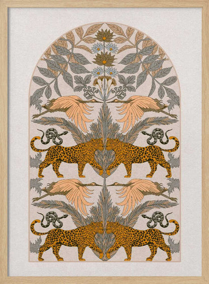 A vintage-style symmetrical illustration within a black frame, featuring mirrored pairs of leopards, snakes, and birds arranged vertically amidst stylized foliage and flowers, rendered in a muted palette of orange, sage green, and cream. Print