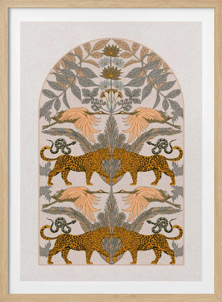 A vintage-style symmetrical illustration within a black frame, featuring mirrored pairs of leopards, snakes, and birds arranged vertically amidst stylized foliage and flowers, rendered in a muted palette of orange, sage green, and cream. Print