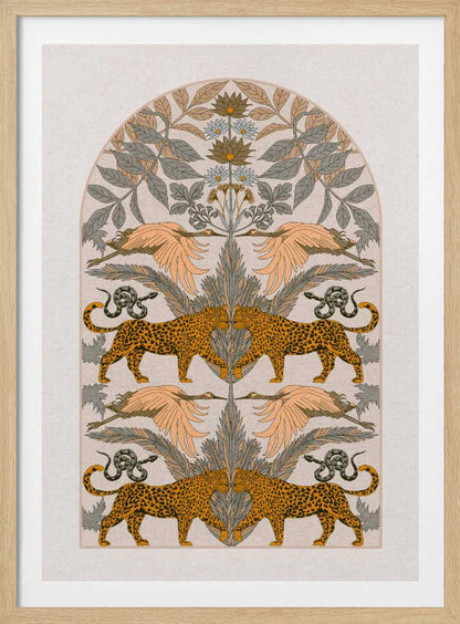 A vintage-style symmetrical illustration within a black frame, featuring mirrored pairs of leopards, snakes, and birds arranged vertically amidst stylized foliage and flowers, rendered in a muted palette of orange, sage green, and cream. Print