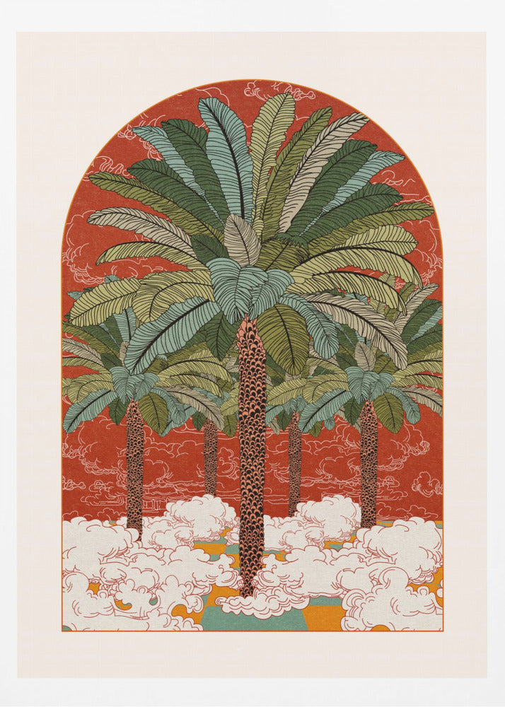 A vintage-style illustration in an arched format, featuring a grove of tall palm trees with detailed green fronds rising from a sea of stylized white clouds against a vibrant red-orange background. Print