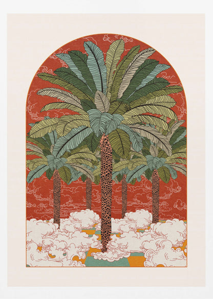 A vintage-style illustration in an arched format, featuring a grove of tall palm trees with detailed green fronds rising from a sea of stylized white clouds against a vibrant red-orange background. Print
