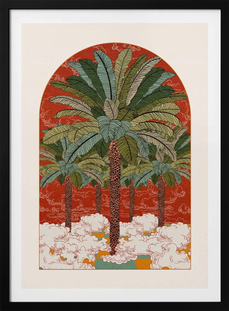 A vintage-style illustration in an arched format, featuring a grove of tall palm trees with detailed green fronds rising from a sea of stylized white clouds against a vibrant red-orange background. Print