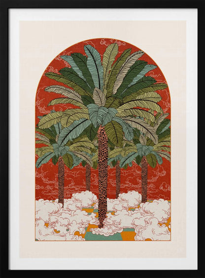 A vintage-style illustration in an arched format, featuring a grove of tall palm trees with detailed green fronds rising from a sea of stylized white clouds against a vibrant red-orange background. Print