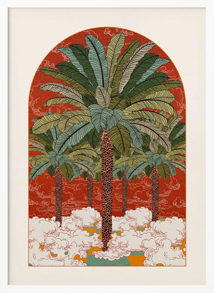 A vintage-style illustration in an arched format, featuring a grove of tall palm trees with detailed green fronds rising from a sea of stylized white clouds against a vibrant red-orange background. Print