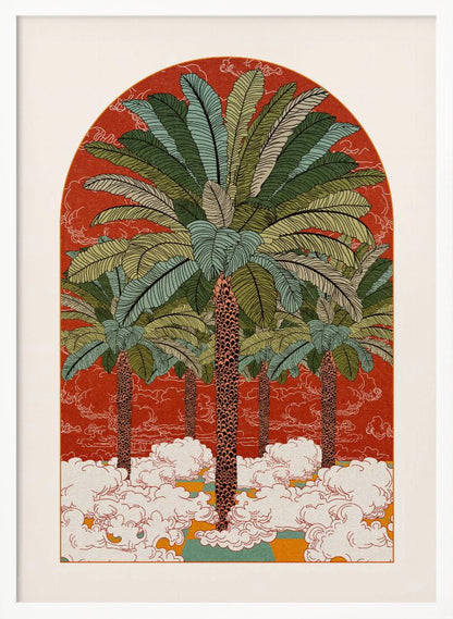 A vintage-style illustration in an arched format, featuring a grove of tall palm trees with detailed green fronds rising from a sea of stylized white clouds against a vibrant red-orange background. Print