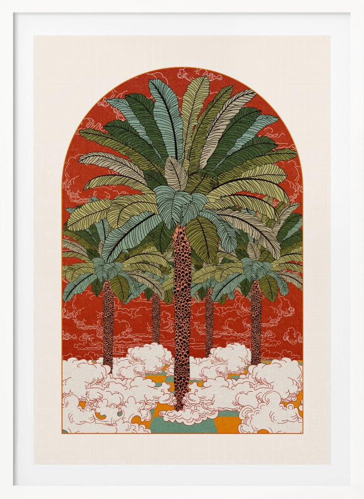 A vintage-style illustration in an arched format, featuring a grove of tall palm trees with detailed green fronds rising from a sea of stylized white clouds against a vibrant red-orange background. Print
