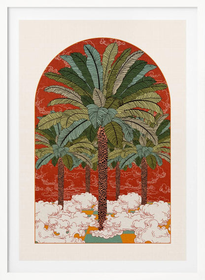 A vintage-style illustration in an arched format, featuring a grove of tall palm trees with detailed green fronds rising from a sea of stylized white clouds against a vibrant red-orange background. Print
