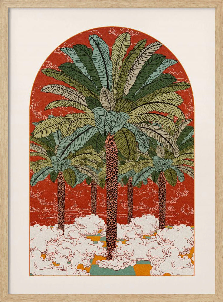 A vintage-style illustration in an arched format, featuring a grove of tall palm trees with detailed green fronds rising from a sea of stylized white clouds against a vibrant red-orange background. Print