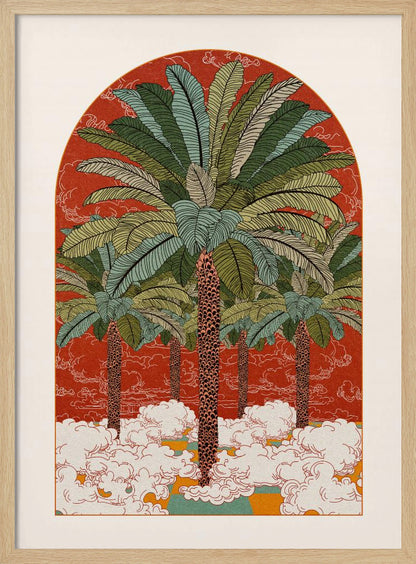 A vintage-style illustration in an arched format, featuring a grove of tall palm trees with detailed green fronds rising from a sea of stylized white clouds against a vibrant red-orange background. Print