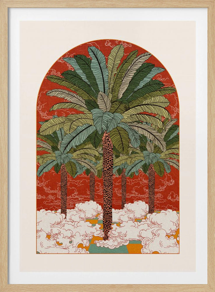 A vintage-style illustration in an arched format, featuring a grove of tall palm trees with detailed green fronds rising from a sea of stylized white clouds against a vibrant red-orange background. Print