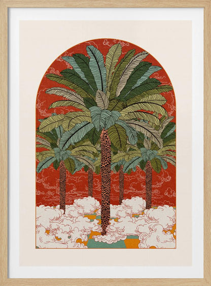 A vintage-style illustration in an arched format, featuring a grove of tall palm trees with detailed green fronds rising from a sea of stylized white clouds against a vibrant red-orange background. Print