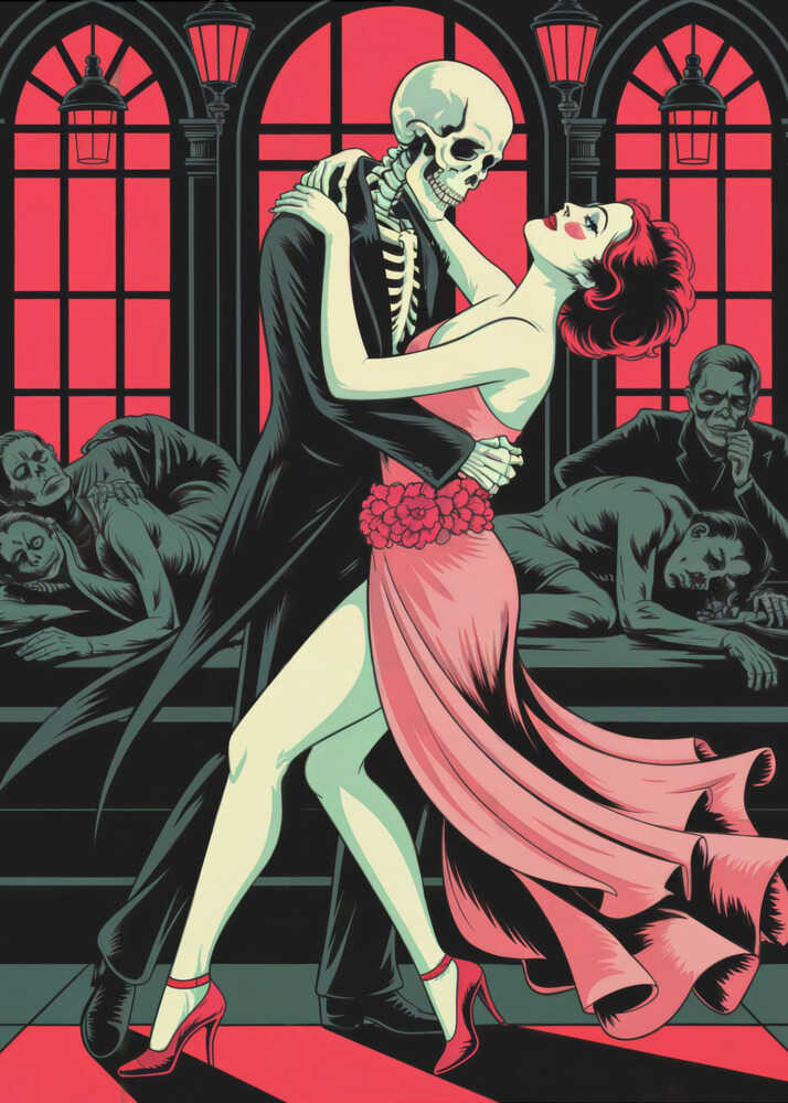 A graphic illustration depicting a skeleton in a black tuxedo dancing the tango with a woman in a flowing pink dress. The background features large, red-paned arched windows and other figures slumped over in a dark, atmospheric room. Decor