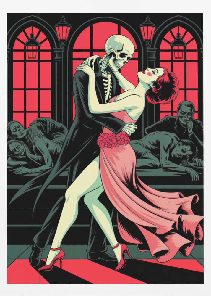 A graphic illustration depicting a skeleton in a black tuxedo dancing the tango with a woman in a flowing pink dress. The background features large, red-paned arched windows and other figures slumped over in a dark, atmospheric room. Decor