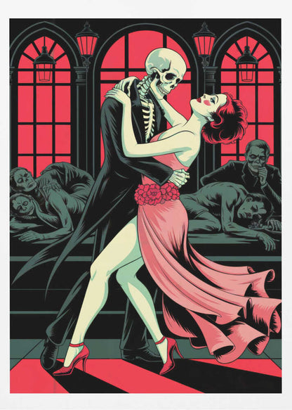 A graphic illustration depicting a skeleton in a black tuxedo dancing the tango with a woman in a flowing pink dress. The background features large, red-paned arched windows and other figures slumped over in a dark, atmospheric room. Decor