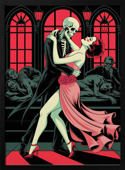 A graphic illustration depicting a skeleton in a black tuxedo dancing the tango with a woman in a flowing pink dress. The background features large, red-paned arched windows and other figures slumped over in a dark, atmospheric room. Decor