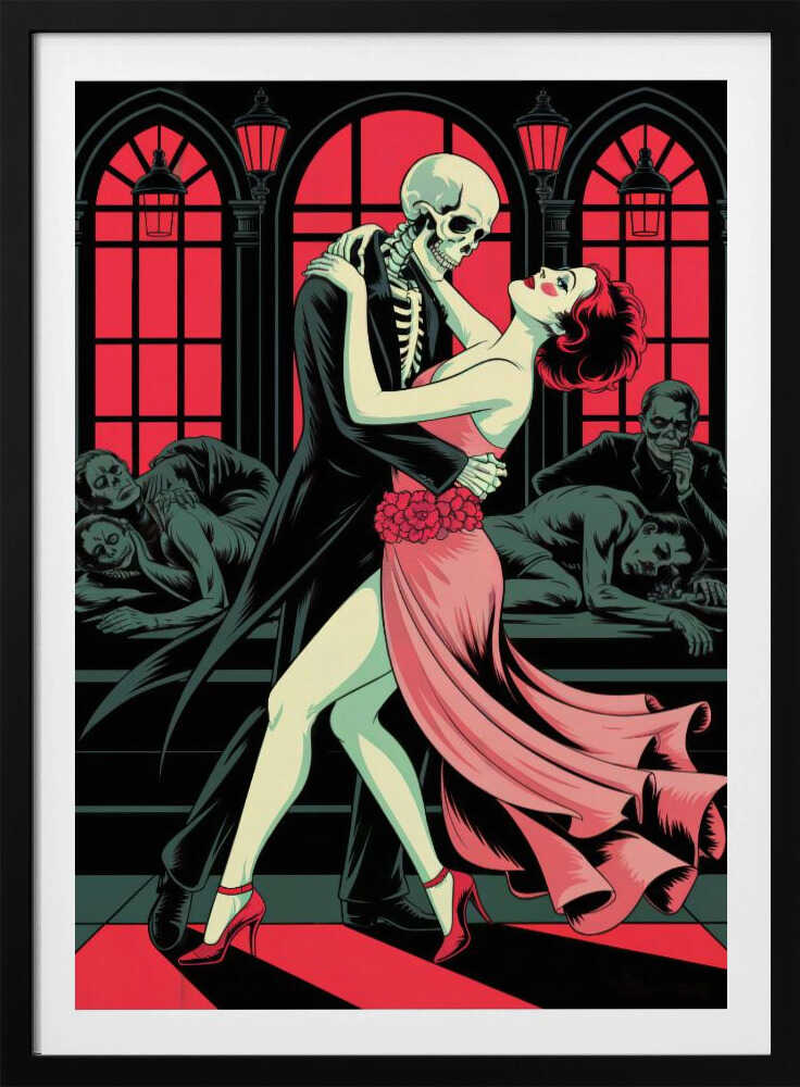 A graphic illustration depicting a skeleton in a black tuxedo dancing the tango with a woman in a flowing pink dress. The background features large, red-paned arched windows and other figures slumped over in a dark, atmospheric room. Decor