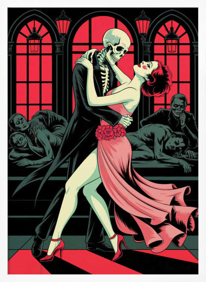 A graphic illustration depicting a skeleton in a black tuxedo dancing the tango with a woman in a flowing pink dress. The background features large, red-paned arched windows and other figures slumped over in a dark, atmospheric room. Decor