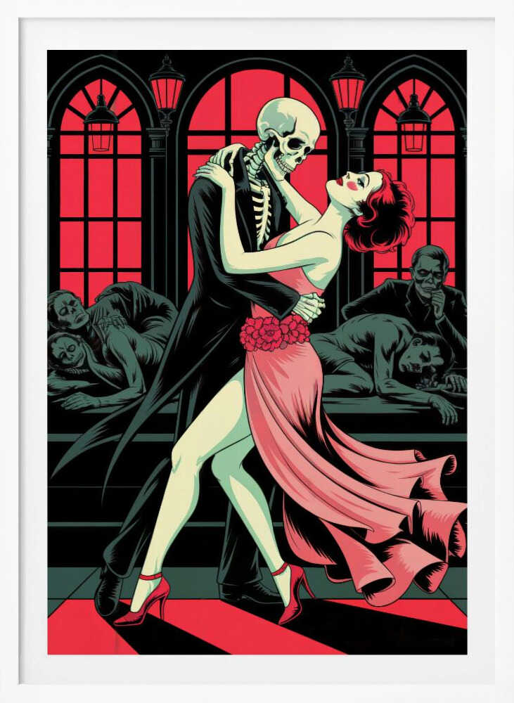 A graphic illustration depicting a skeleton in a black tuxedo dancing the tango with a woman in a flowing pink dress. The background features large, red-paned arched windows and other figures slumped over in a dark, atmospheric room. Decor