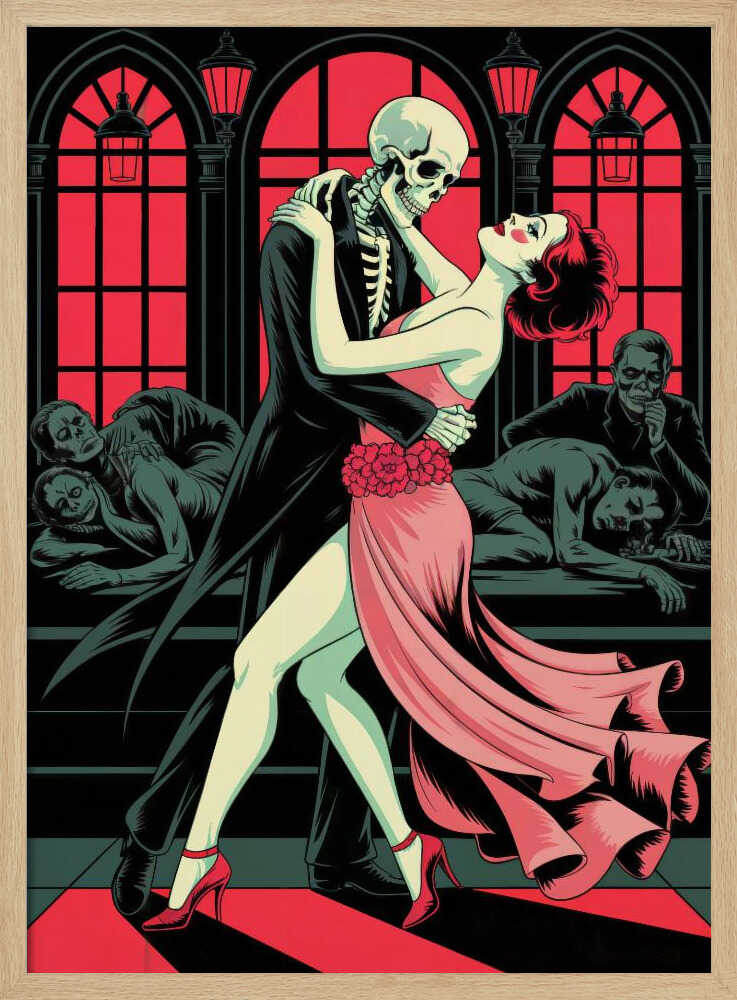 A graphic illustration depicting a skeleton in a black tuxedo dancing the tango with a woman in a flowing pink dress. The background features large, red-paned arched windows and other figures slumped over in a dark, atmospheric room. Decor