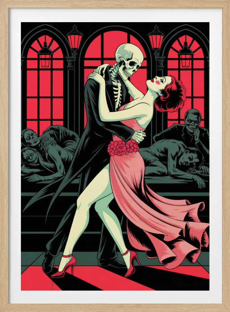 A graphic illustration depicting a skeleton in a black tuxedo dancing the tango with a woman in a flowing pink dress. The background features large, red-paned arched windows and other figures slumped over in a dark, atmospheric room. Decor