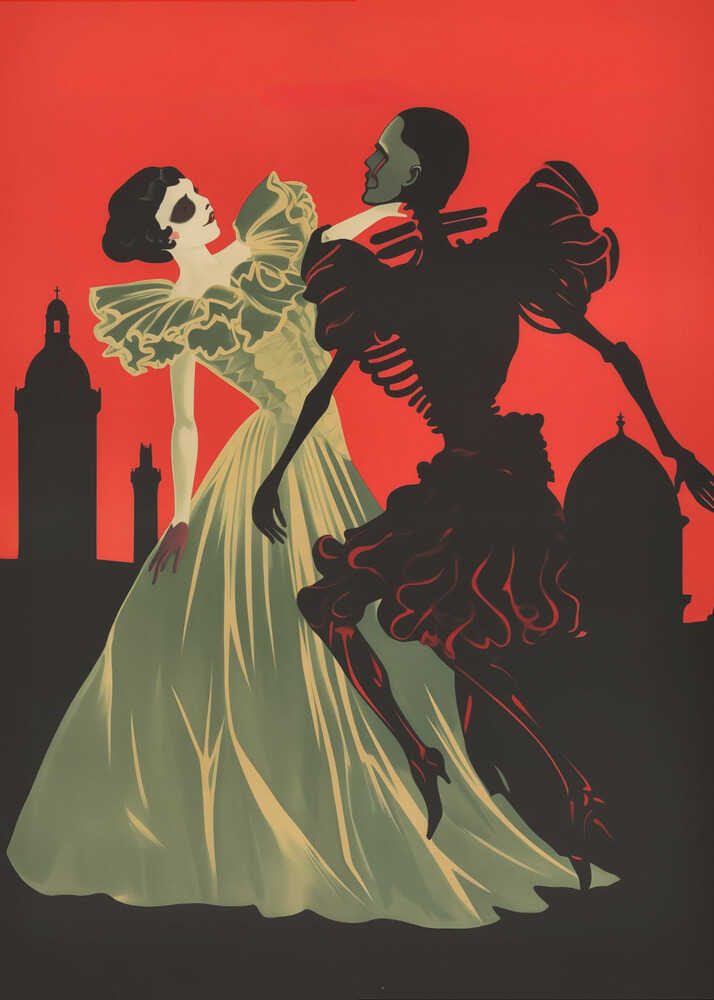 An Art Deco style illustration of a pale woman in a light green ball gown dancing with a black skeleton against a vibrant red sky. A black silhouette of a city skyline with domes and towers is visible in the background. Print