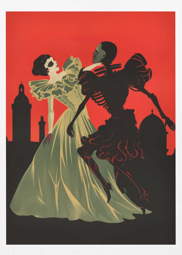 An Art Deco style illustration of a pale woman in a light green ball gown dancing with a black skeleton against a vibrant red sky. A black silhouette of a city skyline with domes and towers is visible in the background. Print