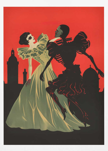 An Art Deco style illustration of a pale woman in a light green ball gown dancing with a black skeleton against a vibrant red sky. A black silhouette of a city skyline with domes and towers is visible in the background. Print